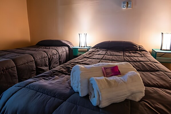 Two single beds with dark bedding, a folded white towel, and a pink pillow on the bed in the foreground. - Oceana Suites Espacio Ganesha (Baradero)