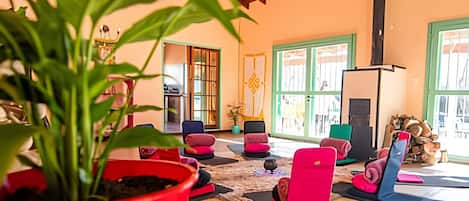 A yoga studio with mats, chairs, and a large potted plant.