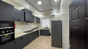 Economy Apartment, Balcony, City View | Private kitchen | Fridge, microwave, oven, stovetop