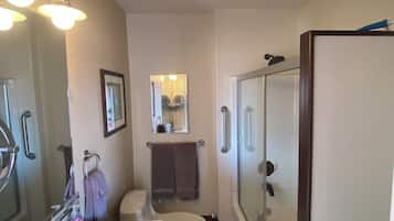 Hair dryer, towels, soap, toilet paper