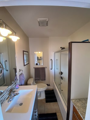 Hair dryer, towels, soap, toilet paper