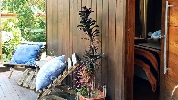 A wooden cabin with a porch, a potted plant, and a bed with a blue pillow.