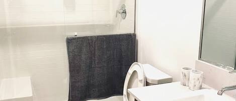 Une salle de bain moderne dotée d’une douche à parois de verre, de toilettes et d’un meuble-lavabo avec un miroir.