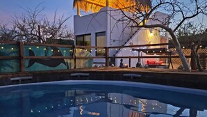 A modern house with a swimming pool, a thatched-roof structure, and string lights. - Baja Desconocida Ranch Seaview (El Sargento)
