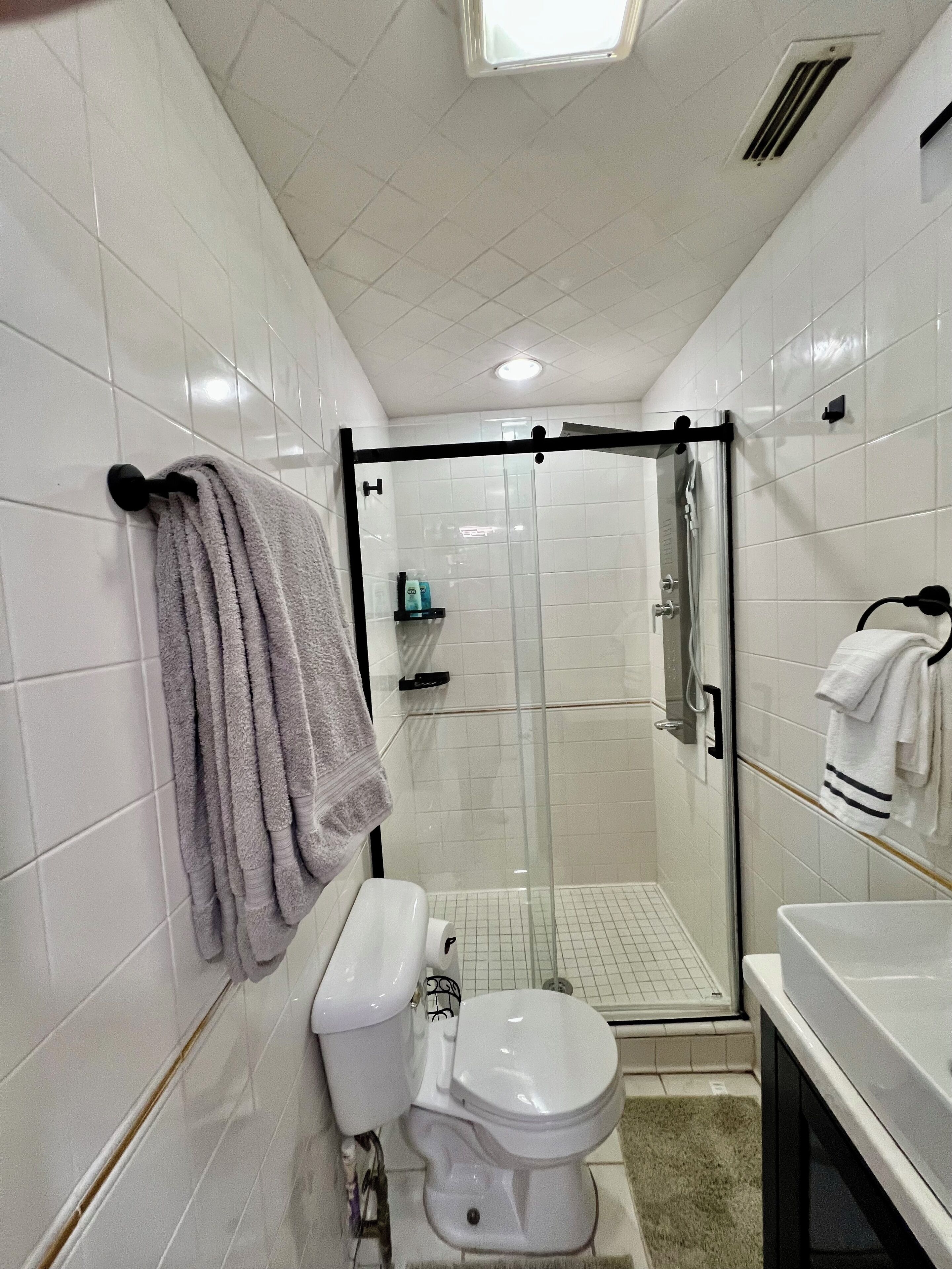 Shower, towels, soap, shampoo