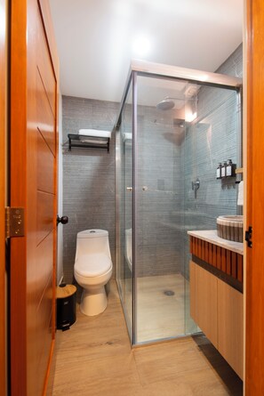 Douche, sèche-cheveux, serviettes fournies, savon