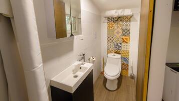 Hair dryer, towels, soap, toilet paper