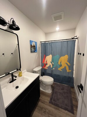 Secadora de cabello, toallas, jabón, papel de baño 