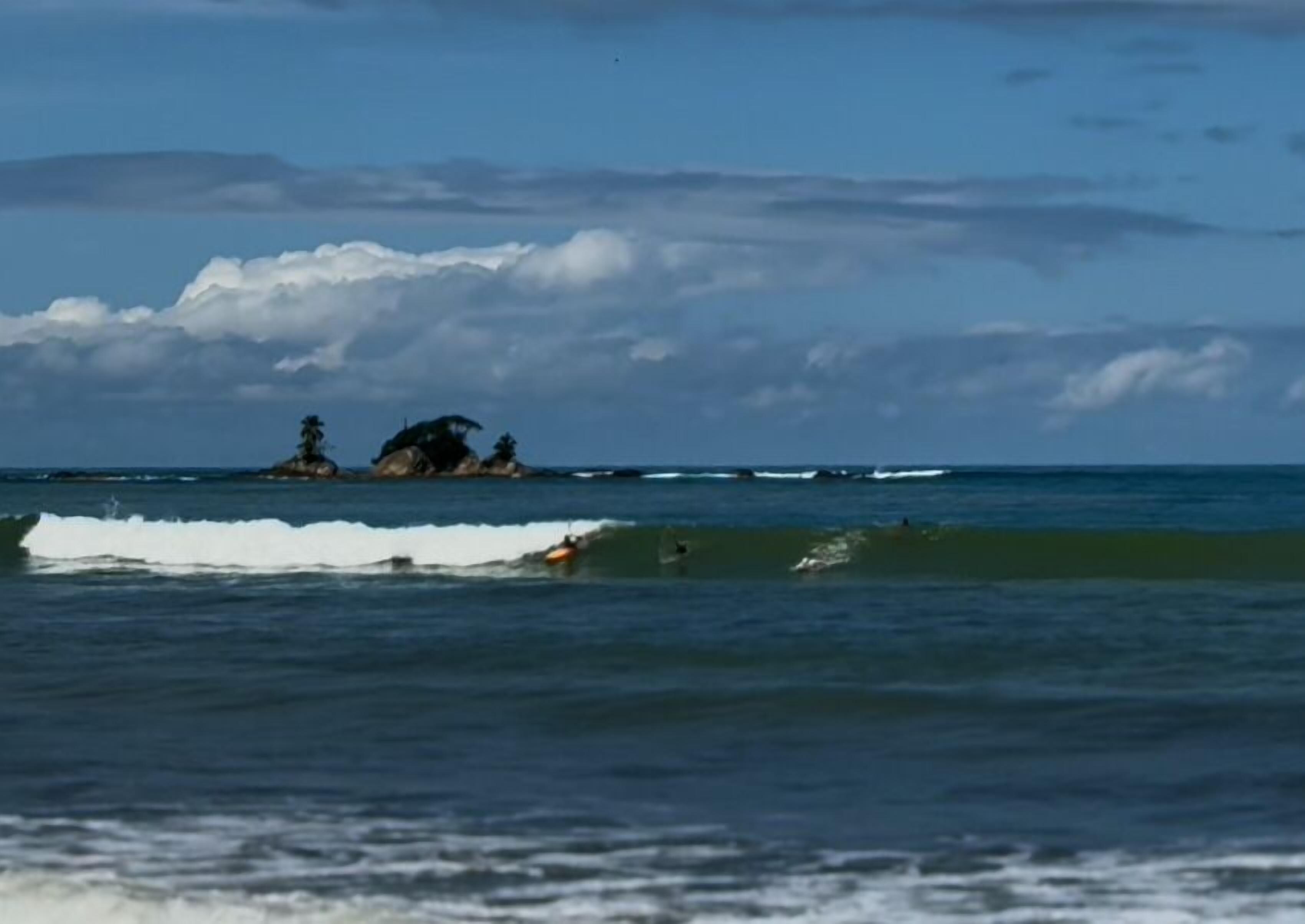 A beach with waves and a distant island.