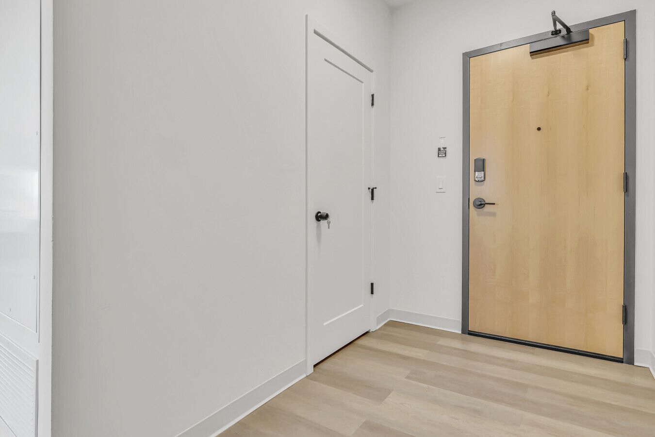 A hallway with a white door and a wooden door with a handle.