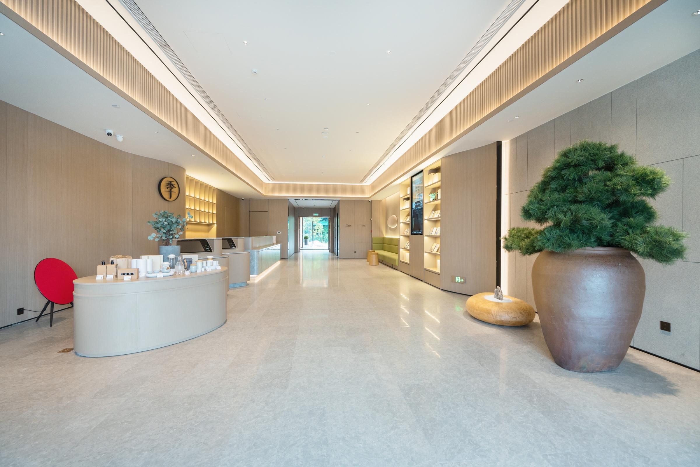 Eine moderne Hotellobby mit einer Rezeption, einer großen Pflanze im Topf und einem roten Sessel.