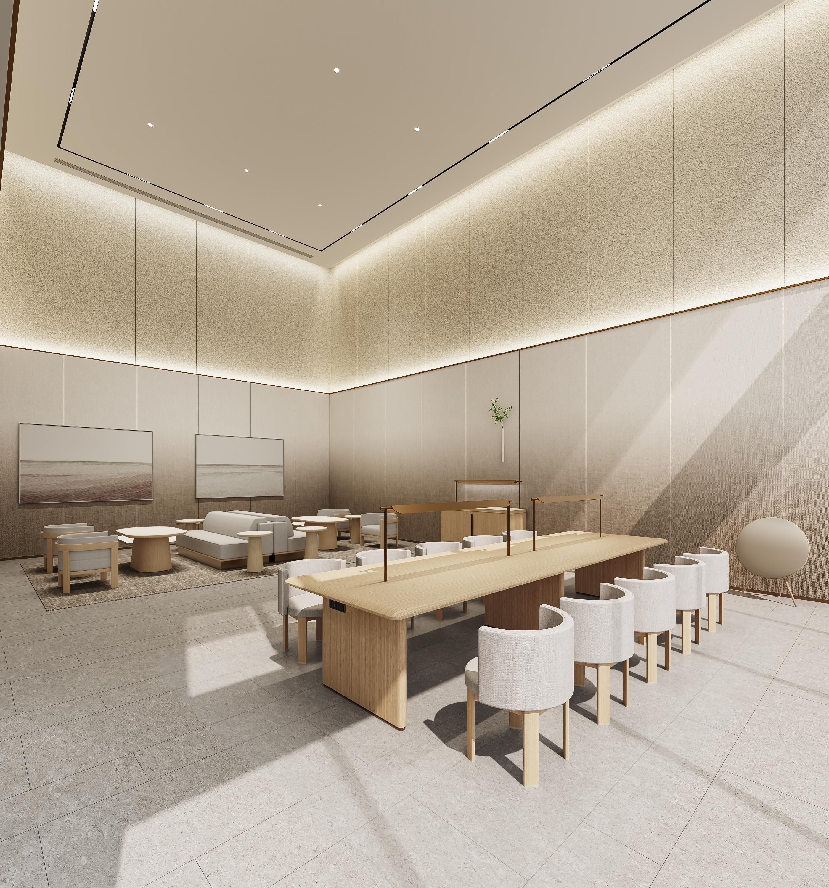 A modern conference room with a long table, multiple chairs, and a minimalist design.