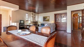 Un comedor con una mesa de madera, sillas y un televisor. Hay una chimenea de piedra, un sofá y un armario al fondo.