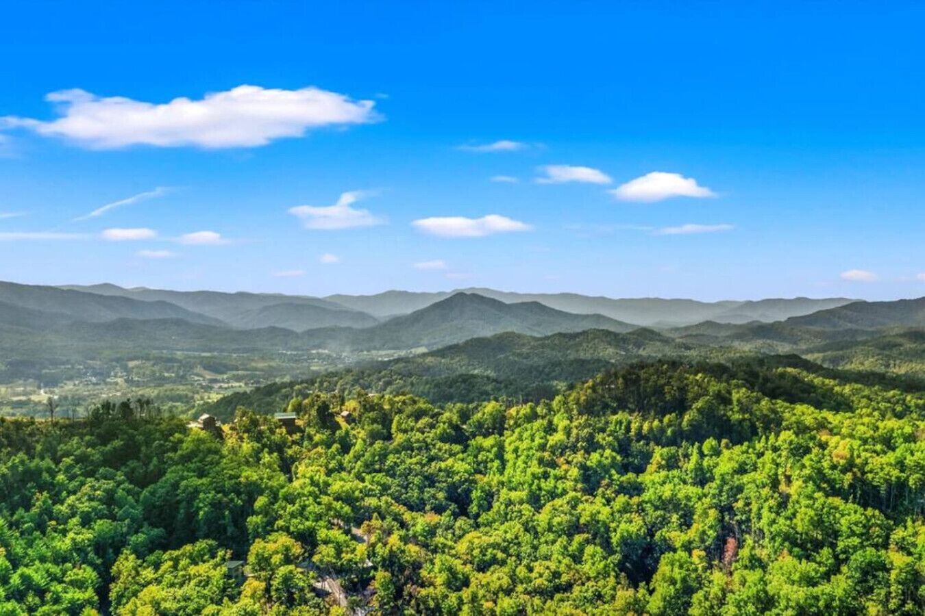 A mountainous landscape with dense green forests and a clear blue sky.