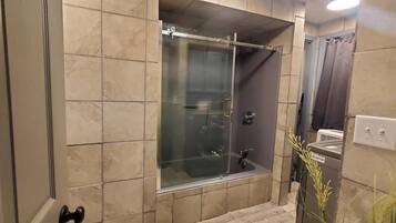 Hair dryer, towels, soap, toilet paper