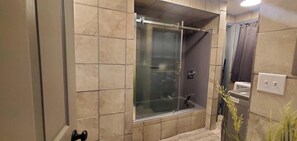 Hair dryer, towels, soap, toilet paper