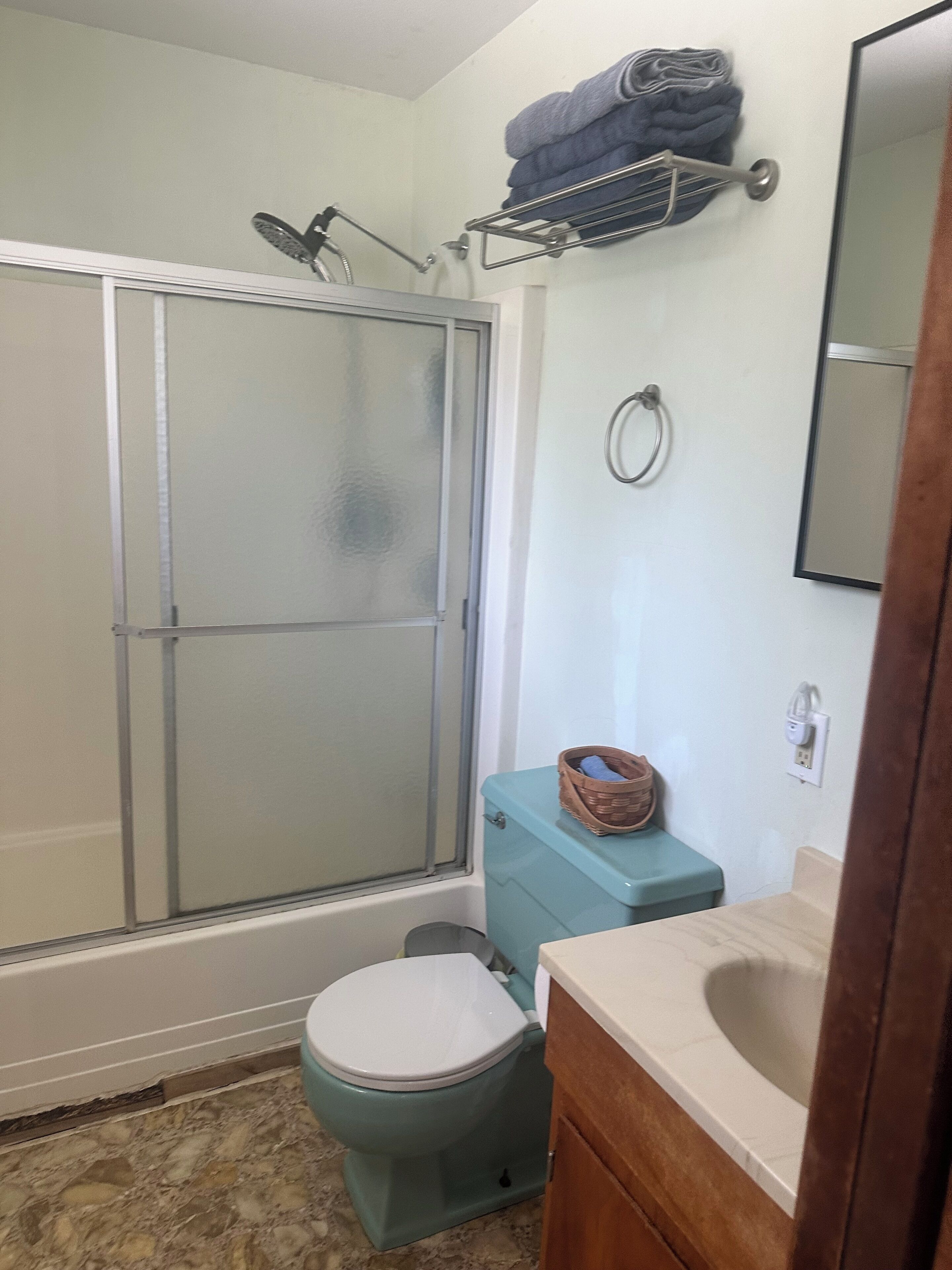 A bathroom with a shower, toilet, and sink.