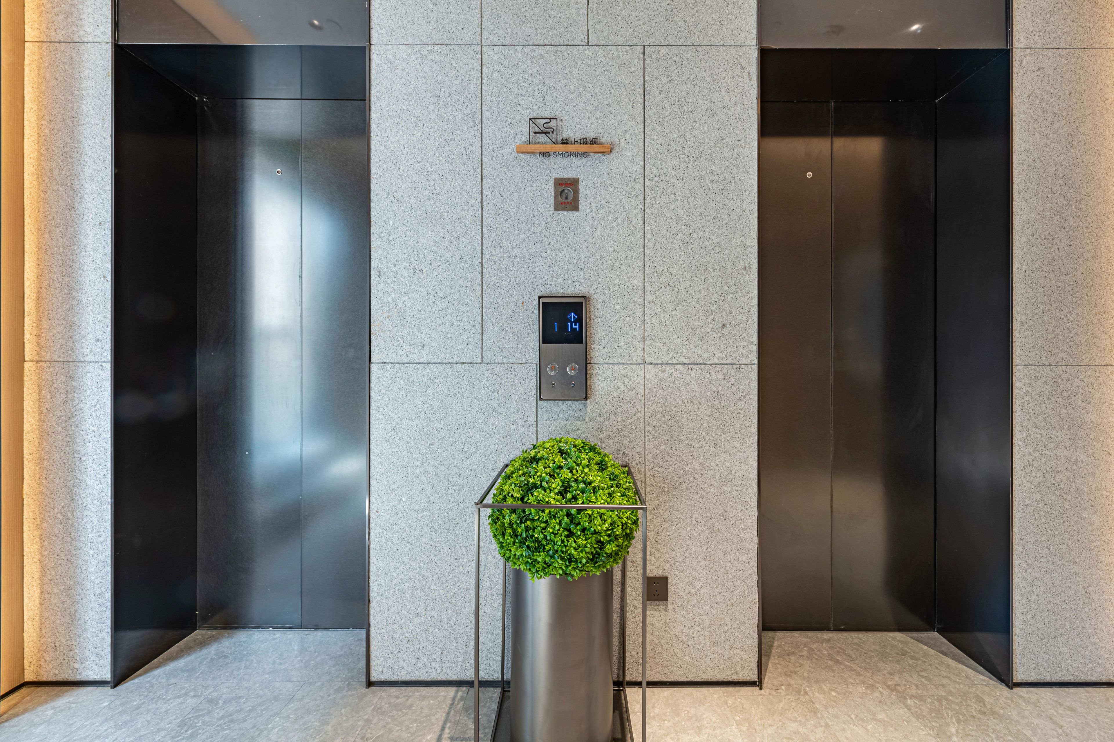 An elevator with a digital display, a "No Smoking" sign, and a green plant on a metal stand.