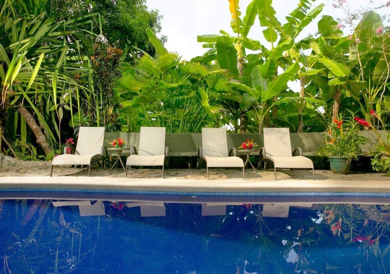 A poolside area with lounge chairs and potted plants.