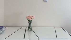 A dining area with a white table and chairs, a vase with pink flowers, and a thermostat on the wall. - Cozy 1-BR Suite in West Side • Kitchen & Living (Vancouver)