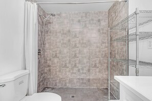 Hair dryer, towels, soap, toilet paper