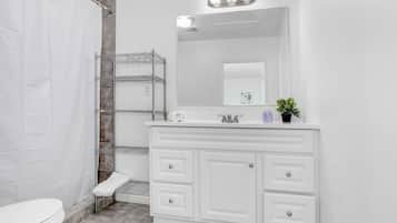 Hair dryer, towels, soap, toilet paper