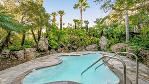 A swimming pool with a stone edge, surrounded by tropical vegetation and rocks.