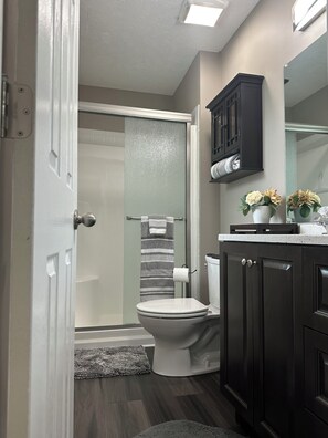 Dusch, hårtork, handdukar och tvål