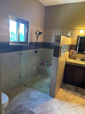 Dusche, Haartrockner, Handtücher, Seife