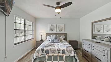 2 bedrooms, iron/ironing board, travel cot, bed sheets