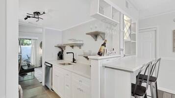 Fridge, microwave, coffee/tea maker, toaster