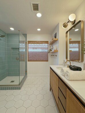 Hair dryer, towels, soap, shampoo