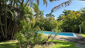 Une piscine entourée d’une végétation luxuriante et de palmiers.