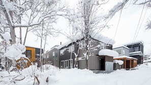 Un barrio residencial con casas modernas cubiertas de nieve, rodeado de árboles sin hojas.