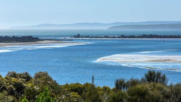 Eine Küstenlandschaft mit freiem Blick auf das Meer, einem Sandstrand und sanften Hügeln im Hintergrund.