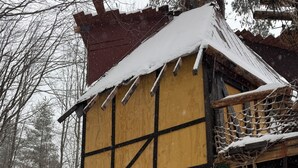 A treehouse with a wooden exterior and a snow-covered roof, situated in a snowy forest. - Charming TREEHOUSE in remote location (Braintree)