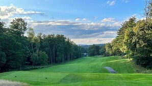 Un campo da golf ben curato con un percorso ben definito, circondato da alberi fitti e un cielo sereno.