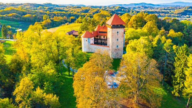 Ett slott med ett torn, omgivet av frodiga, grönskande träd och åkrar.