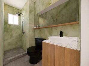 Hair dryer, bidet, towels, soap