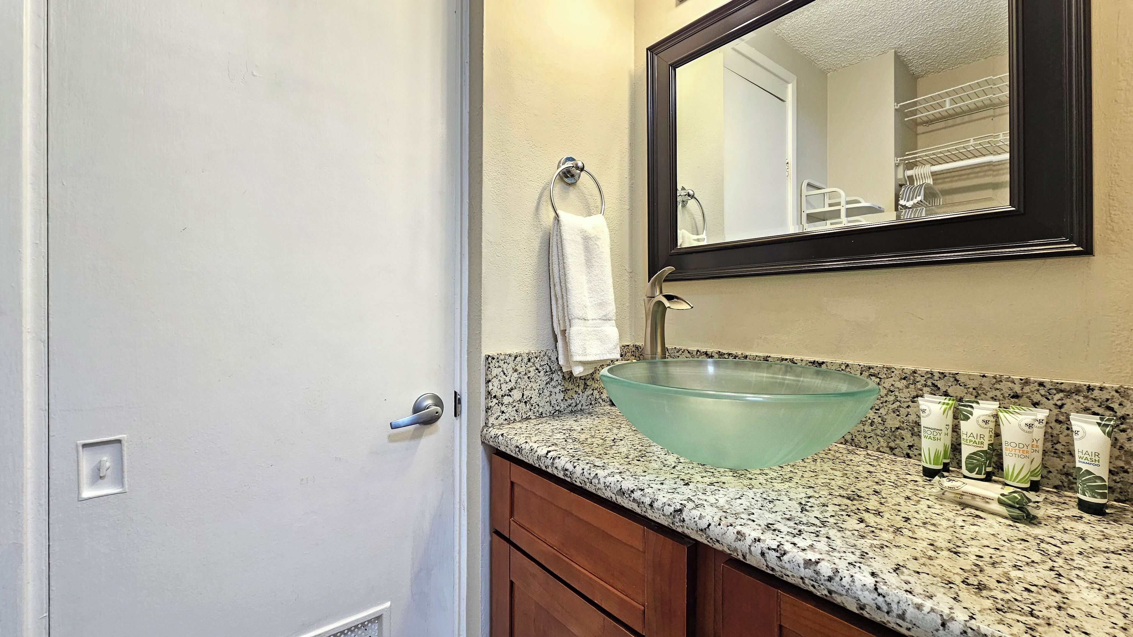 Hair dryer, towels, soap, shampoo