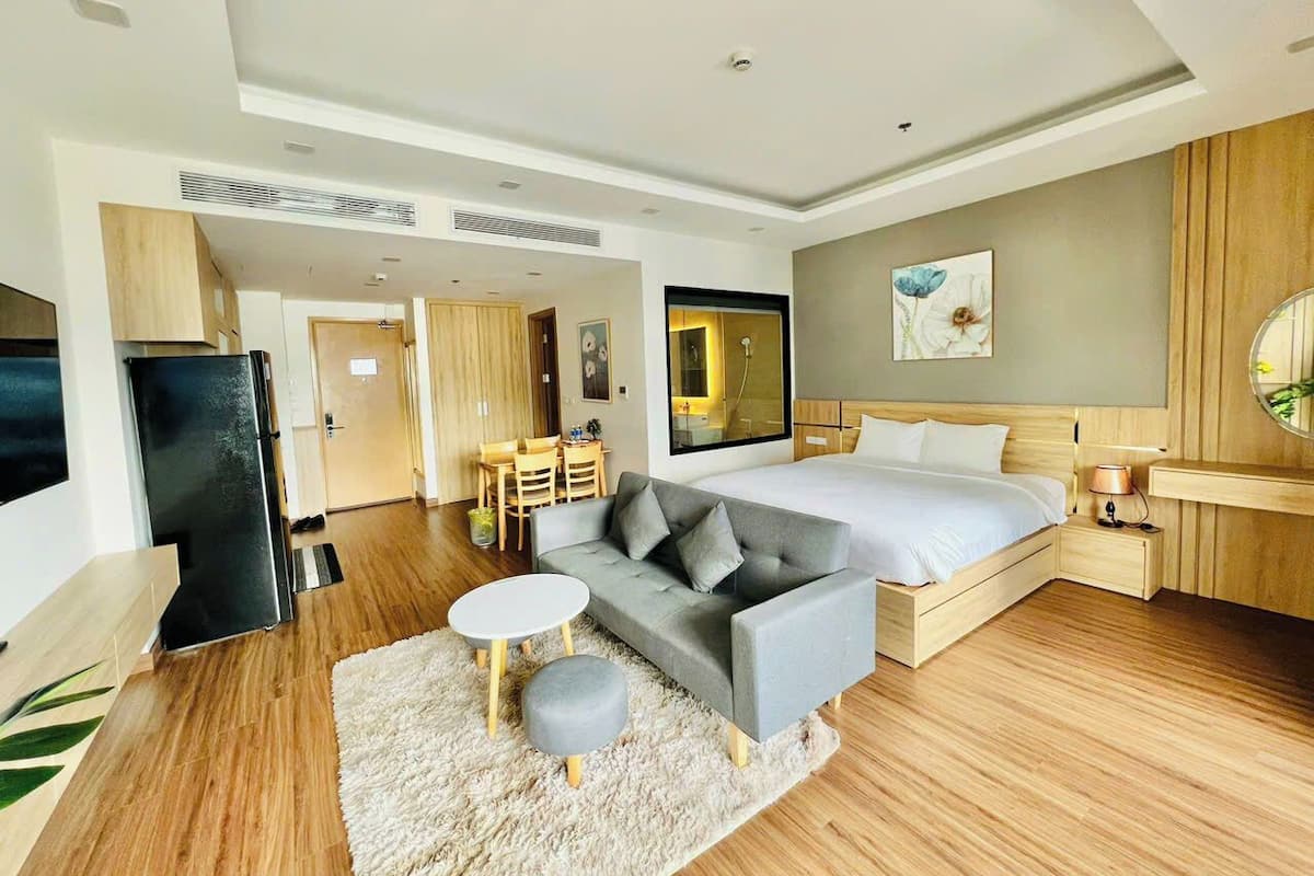 Premium bedding, pillow-top beds, desk, laptop workspace
