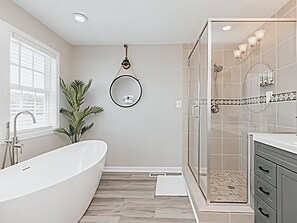 Hair dryer, towels, soap, shampoo