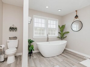Hair dryer, towels, soap, shampoo