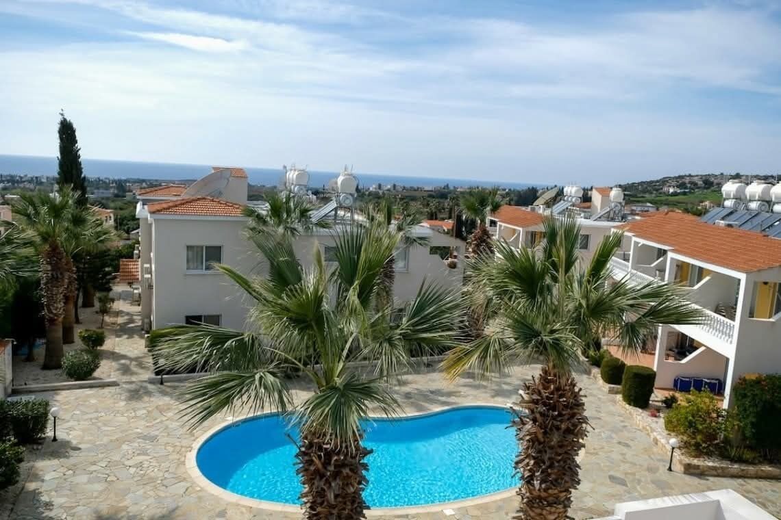 A pool surrounded by palm trees and buildings with solar panels.