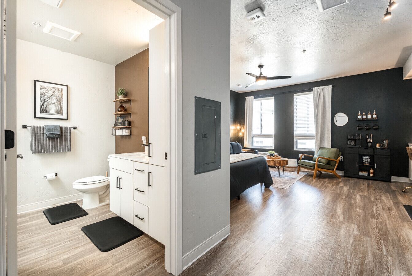 A modern apartment with a bathroom, kitchenette, and living area.