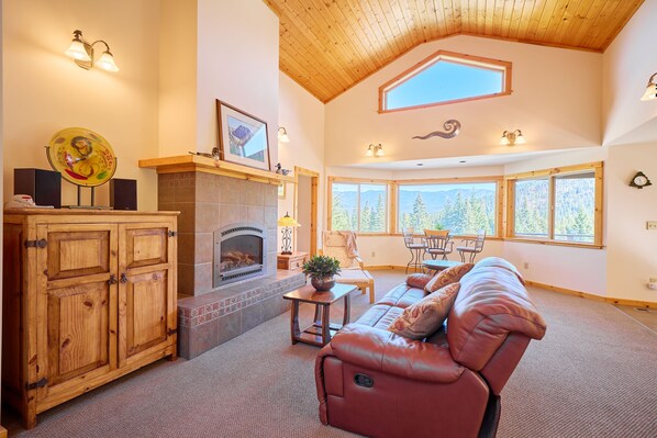 Smart TV, chimenea y libros 