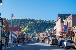 A street lined with buildings, a flag, and a mountain in the background.