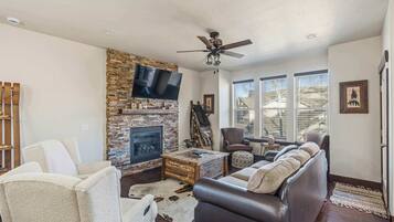 TV, fireplace, books, offices