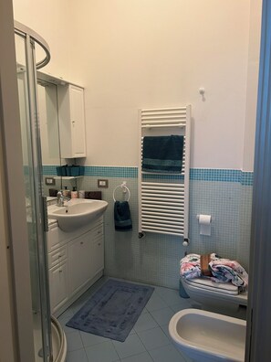 Kylpyhuone, jossa on lasinen suihkuseinä, pesuallas, wc ja pyyheteline.
