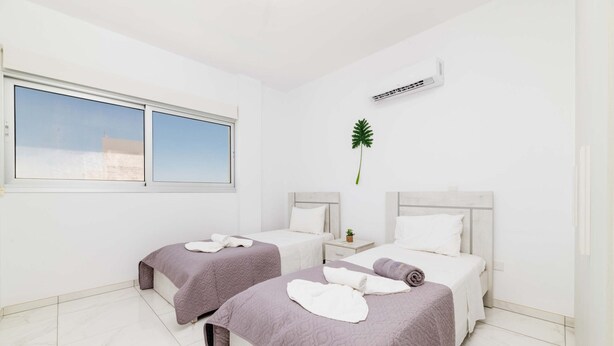 A hotel room with two beds, a window, an air conditioner, and a small plant. - Elite Blu Heights Villa (Ayia Napa)